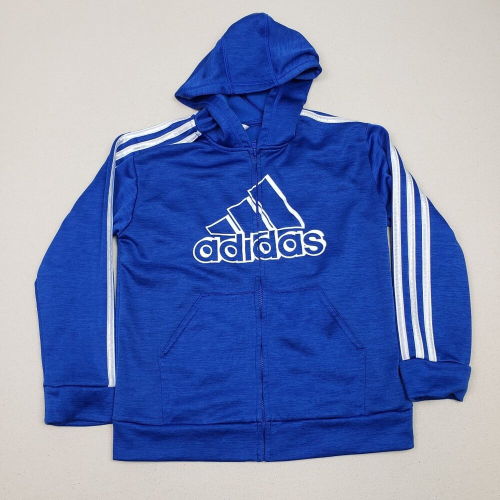 Adidas Badge of Sport French Terry Blue Logo Hoodie Sz YM 7 EXCELLENT CONDITION!